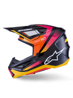 Alpinestars S-M7 Rise Helmet, Motocross Helmet, Black Yellow and Pink Glossy, side profile showing vibrant orange and pink gradient accents, white Alpinestars logo, sleek aerodynamic design with a black visor, professional head protection for off-road racing