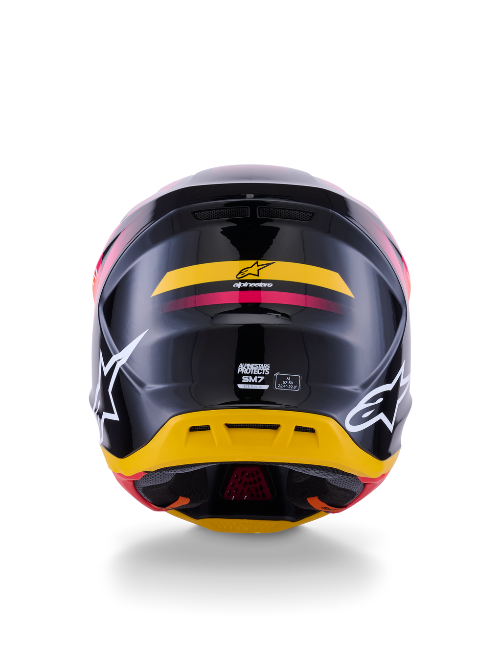 Alpinestars S-M7 Rise Helmet ECE 22.06, Motocross Helmet, Rear View, Glossy Black with Yellow and Pink accents, large white logos on sides, aerodynamic composite shell, off-road racing gear