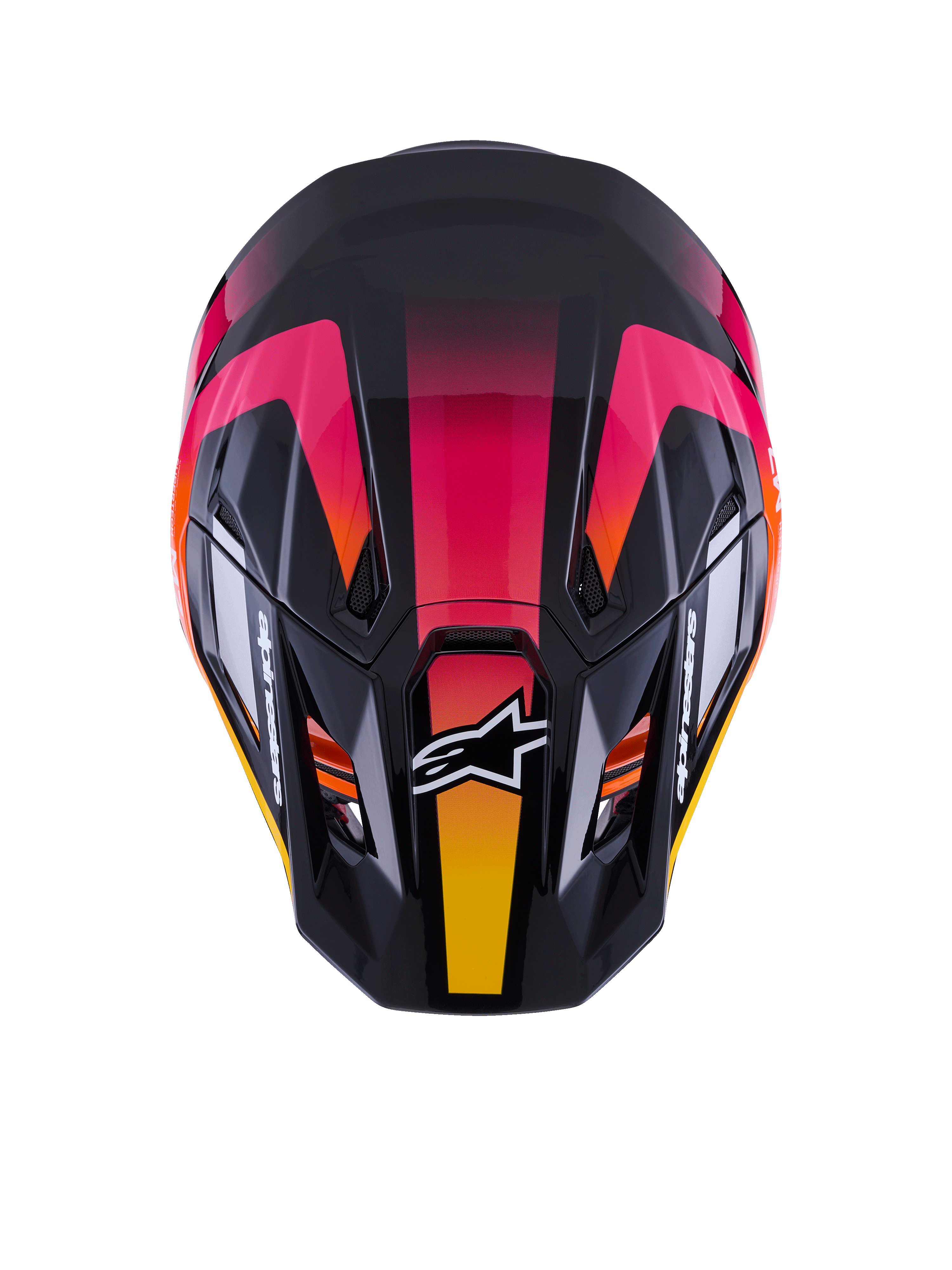 Alpinestars S-M7 Rise Helmet ECE 22.06, Motocross Helmet, Black Pink and Yellow Glossy, top-down view showing aerodynamic composite shell, vibrant gradient design, ventilation ports, and white Alpinestars logo on the front