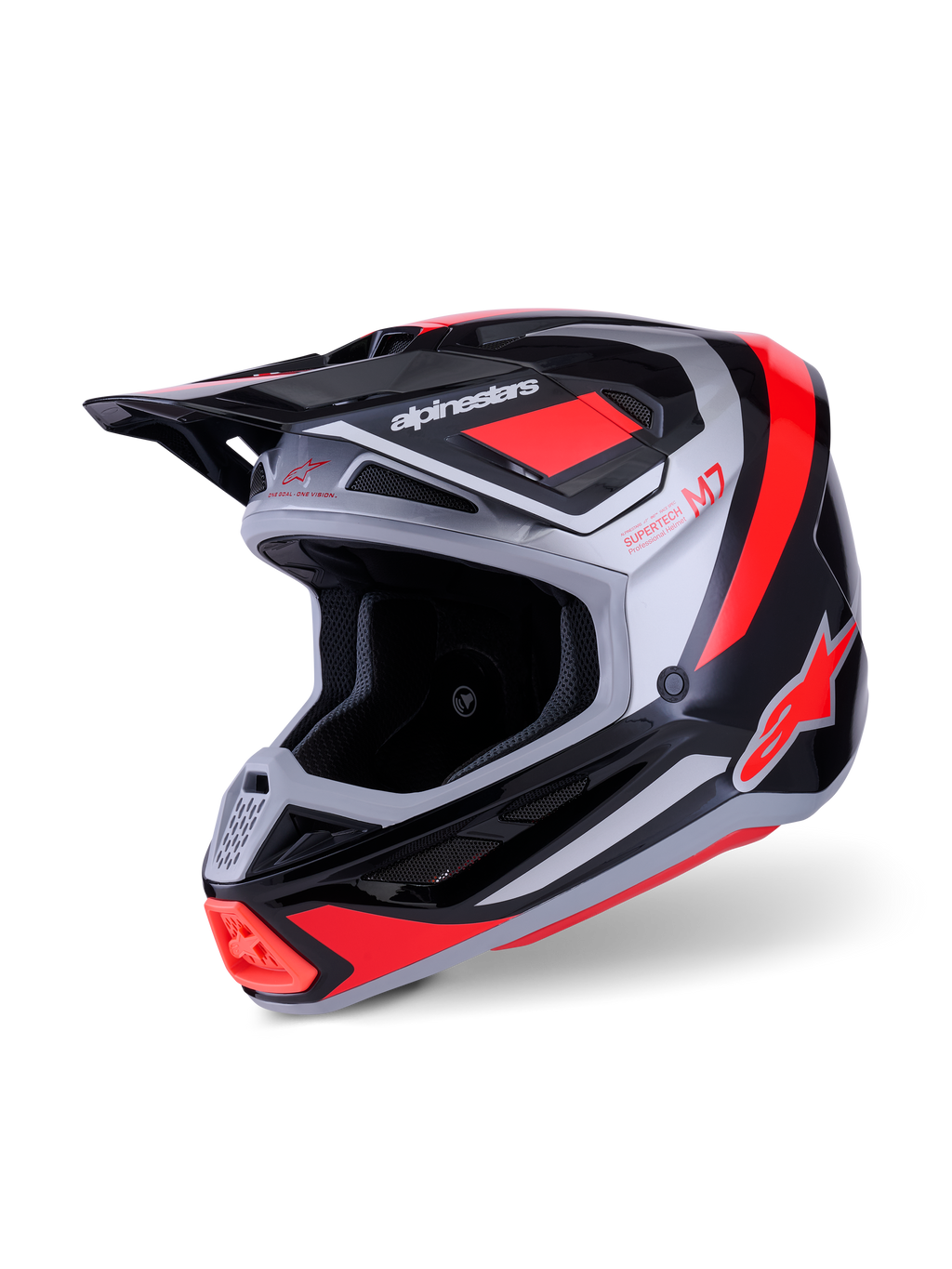 Casco Alpinestars S-M7 Rise, casco de motocross, negro, plateado y rojo flúor brillante, calota de compuesto aerodinámico con múltiples puertos de ventilación, visera ajustable y marca distintiva para carreras off-road