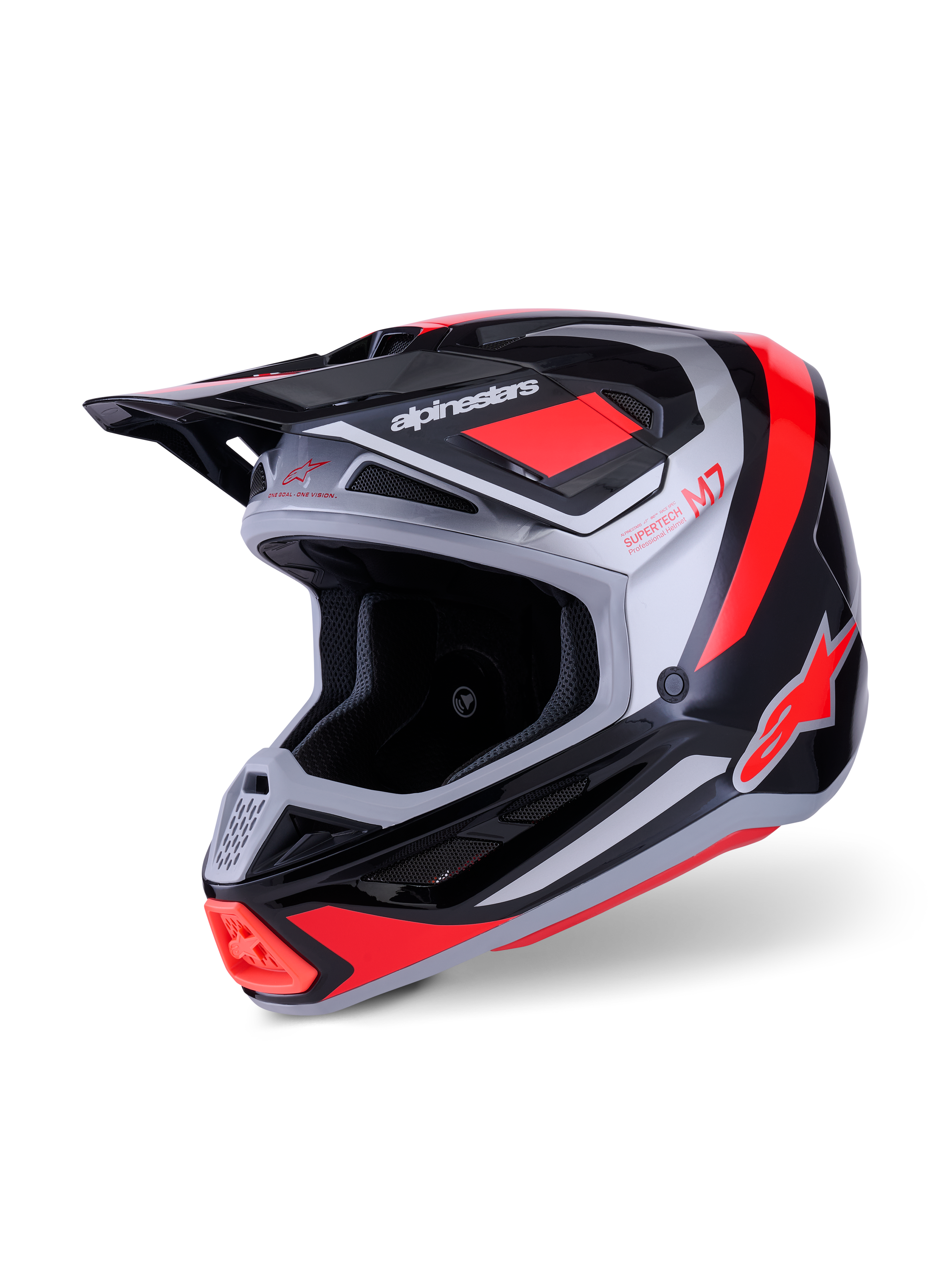 Casco Alpinestars S-M7 Rise, casco de motocross, negro, plateado y rojo flúor brillante, calota de compuesto aerodinámico con múltiples puertos de ventilación, visera ajustable y marca distintiva para carreras off-road