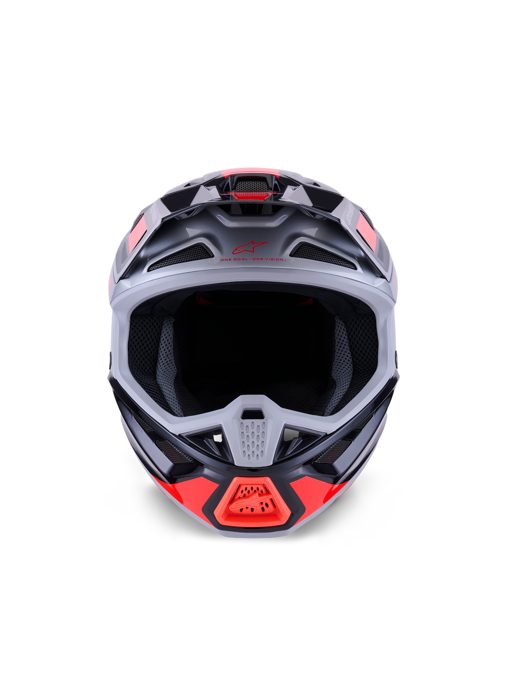 Casco Alpinestars S-M7 Rise, casco de motocross, negro, plateado y rojo flúor brillante, vista frontal que muestra la calota aerodinámica de compuesto, múltiples entradas de aire y una amplia apertura para las gafas, diseñado para la protección en carreras todoterreno.