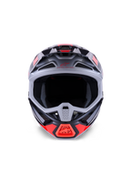 Casco Alpinestars S-M7 Rise, casco de motocross, negro, plateado y rojo flúor brillante, vista frontal que muestra la calota aerodinámica de compuesto, múltiples entradas de aire y una amplia apertura para las gafas, diseñado para la protección en carreras todoterreno.
