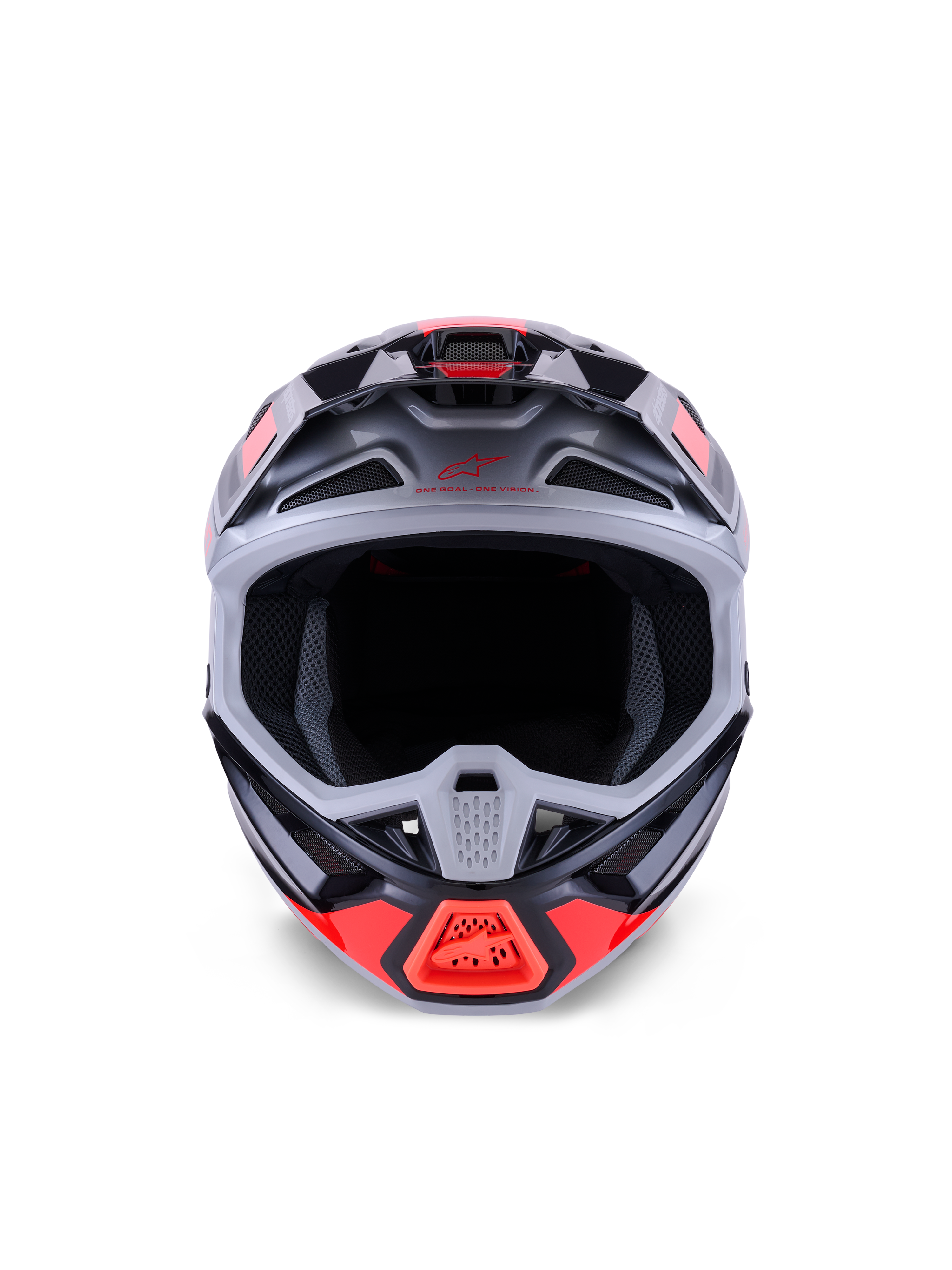Casco Alpinestars S-M7 Rise, casco de motocross, negro, plateado y rojo flúor brillante, vista frontal que muestra la calota aerodinámica de compuesto, múltiples entradas de aire y una amplia apertura para las gafas, diseñado para la protección en carreras todoterreno.