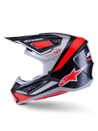 Casco Alpinestars S-M7 Rise, casco de motocross, negro, plata y rojo flúor brillante, vista de perfil lateral con calota aerodinámica de material compuesto, mentonera ventilada y visera prominente con la marca Alpinestars