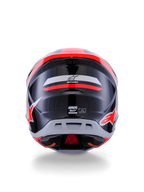 Casco Alpinestars S-M7 Rise ECE 22.06, casco de motocross, vista trasera, negro, plateado y rojo flúor brillante, con el logotipo de Alpinestars y la marca S-M7, acabado brillante con calota aerodinámica y detalles de ventilación