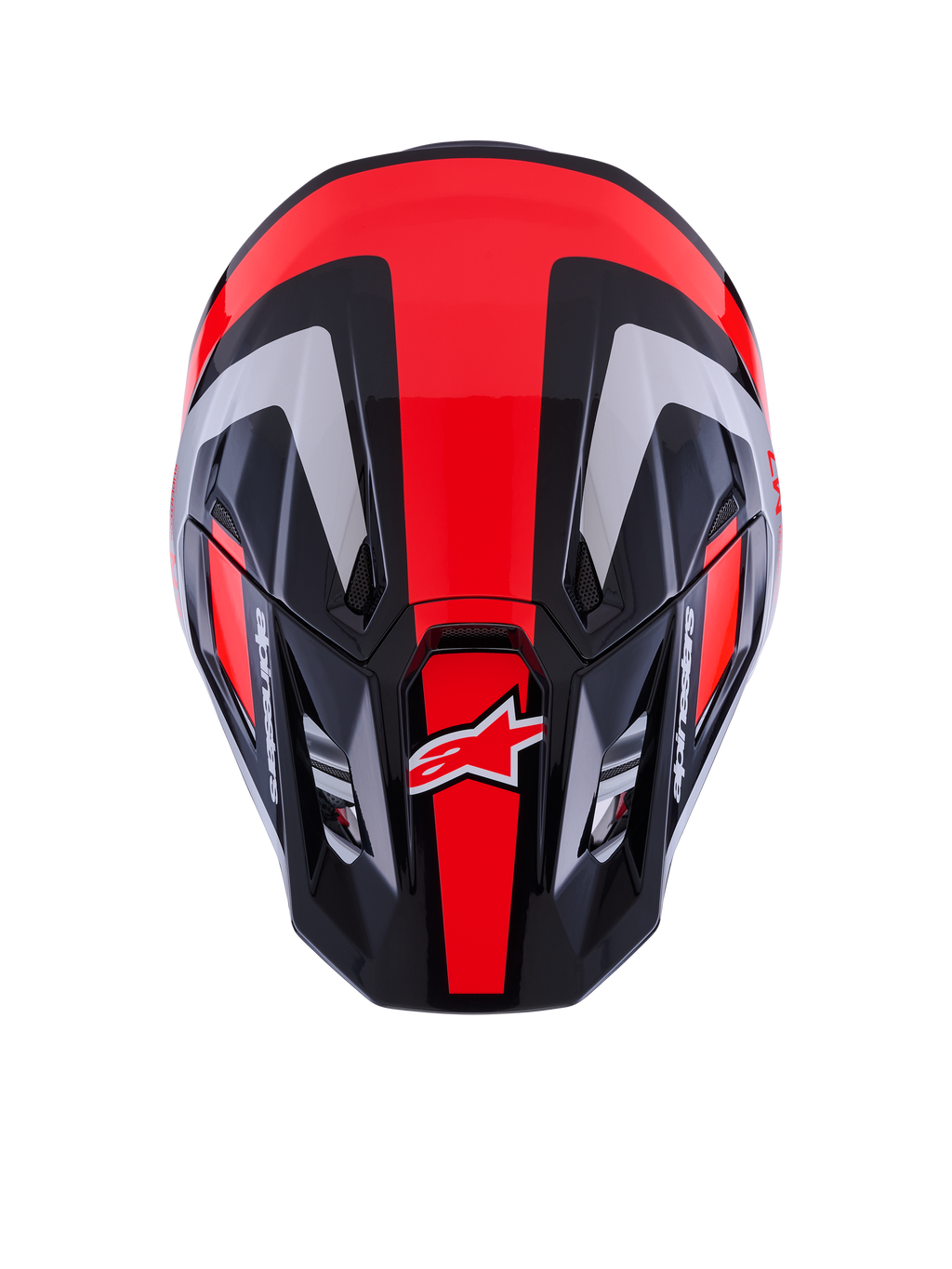 Alpinestars S-M7 Rise Helmet ECE 22.06, casco de motocross, negro, plata y rojo flúor brillante, vista superior que muestra la calota aerodinámica con puertos de ventilación, con rayas rojas fluorescentes y el logotipo de Alpinestars, equipamiento profesional para carreras todoterreno