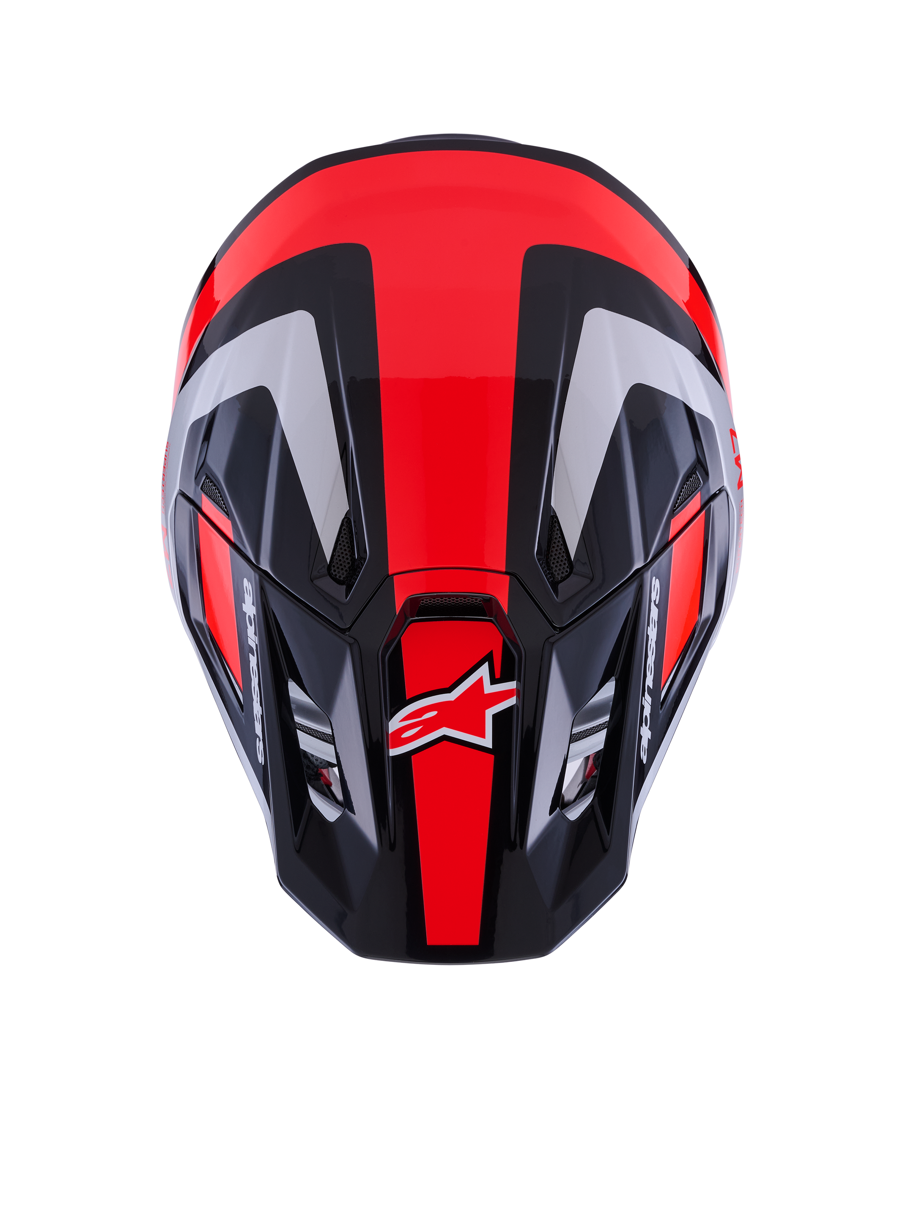 Alpinestars S-M7 Rise Helmet ECE 22.06, casco de motocross, negro, plata y rojo flúor brillante, vista superior que muestra la calota aerodinámica con puertos de ventilación, con rayas rojas fluorescentes y el logotipo de Alpinestars, equipamiento profesional para carreras todoterreno