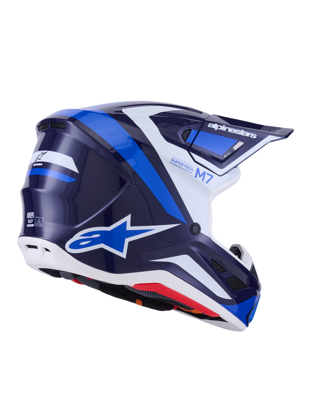 Casco Alpinestars S-M7 Rise, casco de motocross, azul y blanco brillante, gráficos en azul marino y azul brillante con detalles en blanco, logotipos de Alpinestars en el lateral y la parte trasera, diseño de calota aerodinámica con puertos de ventilación, equipo profesional para carreras todoterreno