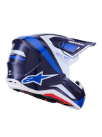 Casco Alpinestars S-M7 Rise, casco de motocross, azul y blanco brillante, gráficos en azul marino y azul brillante con detalles en blanco, logotipos de Alpinestars en el lateral y la parte trasera, diseño de calota aerodinámica con puertos de ventilación, equipo profesional para carreras todoterreno