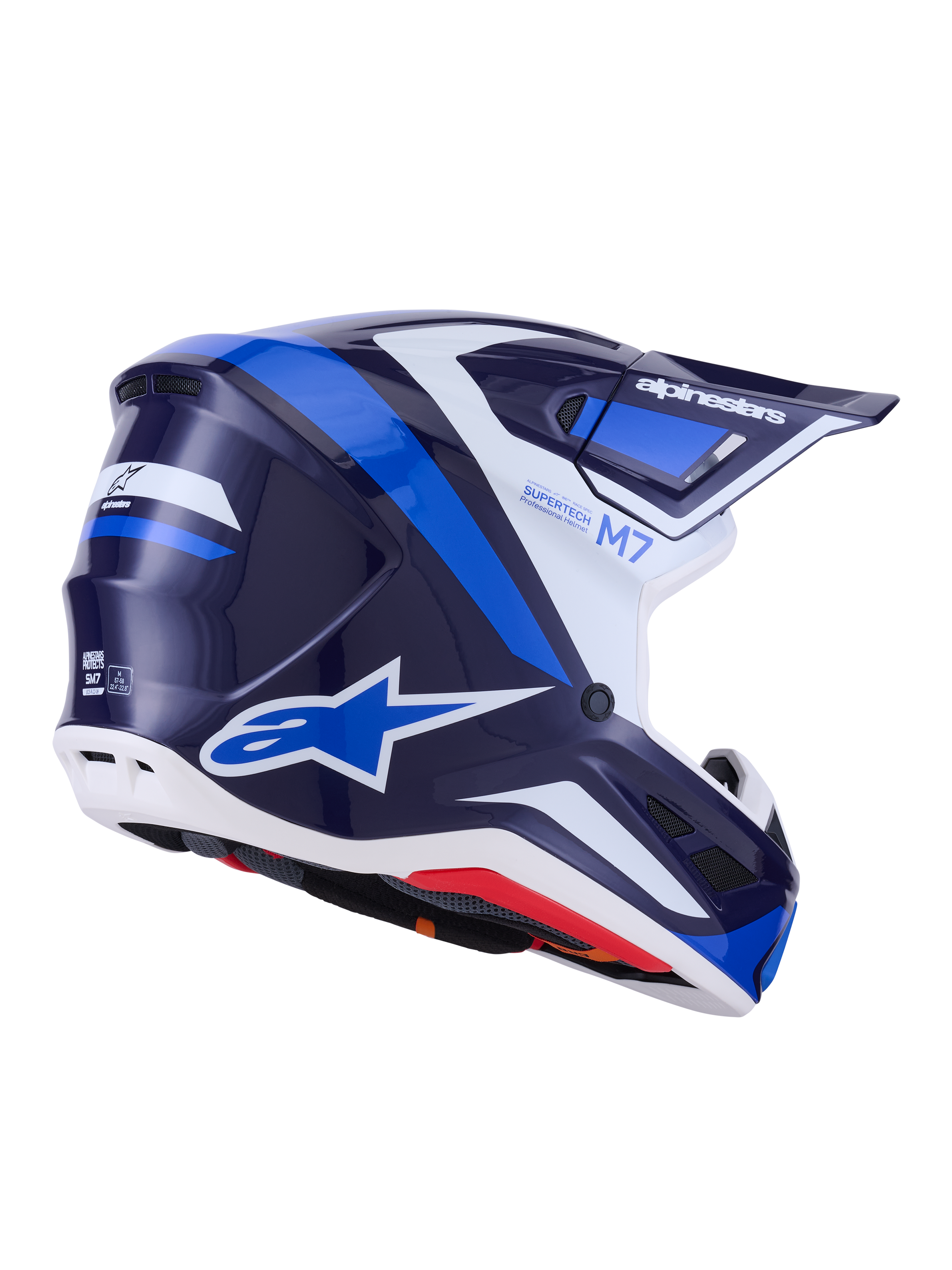 Casco Alpinestars S-M7 Rise, casco de motocross, azul y blanco brillante, gráficos en azul marino y azul brillante con detalles en blanco, logotipos de Alpinestars en el lateral y la parte trasera, diseño de calota aerodinámica con puertos de ventilación, equipo profesional para carreras todoterreno