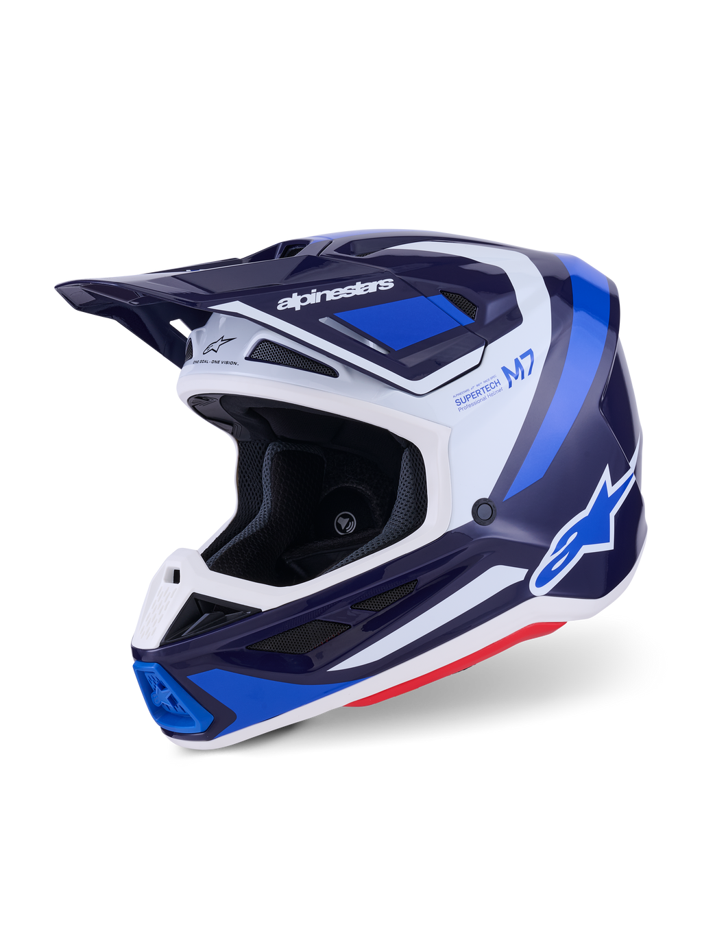 Casco de motocross Alpinestars S-M7 Rise, azul y blanco brillante, vista en tres cuartos que muestra la carcasa aerodinámica con visera integrada y múltiples puertos de ventilación, con detalles gráficos en blanco y azul y logotipos destacados, equipo de carreras todoterreno de alto rendimiento