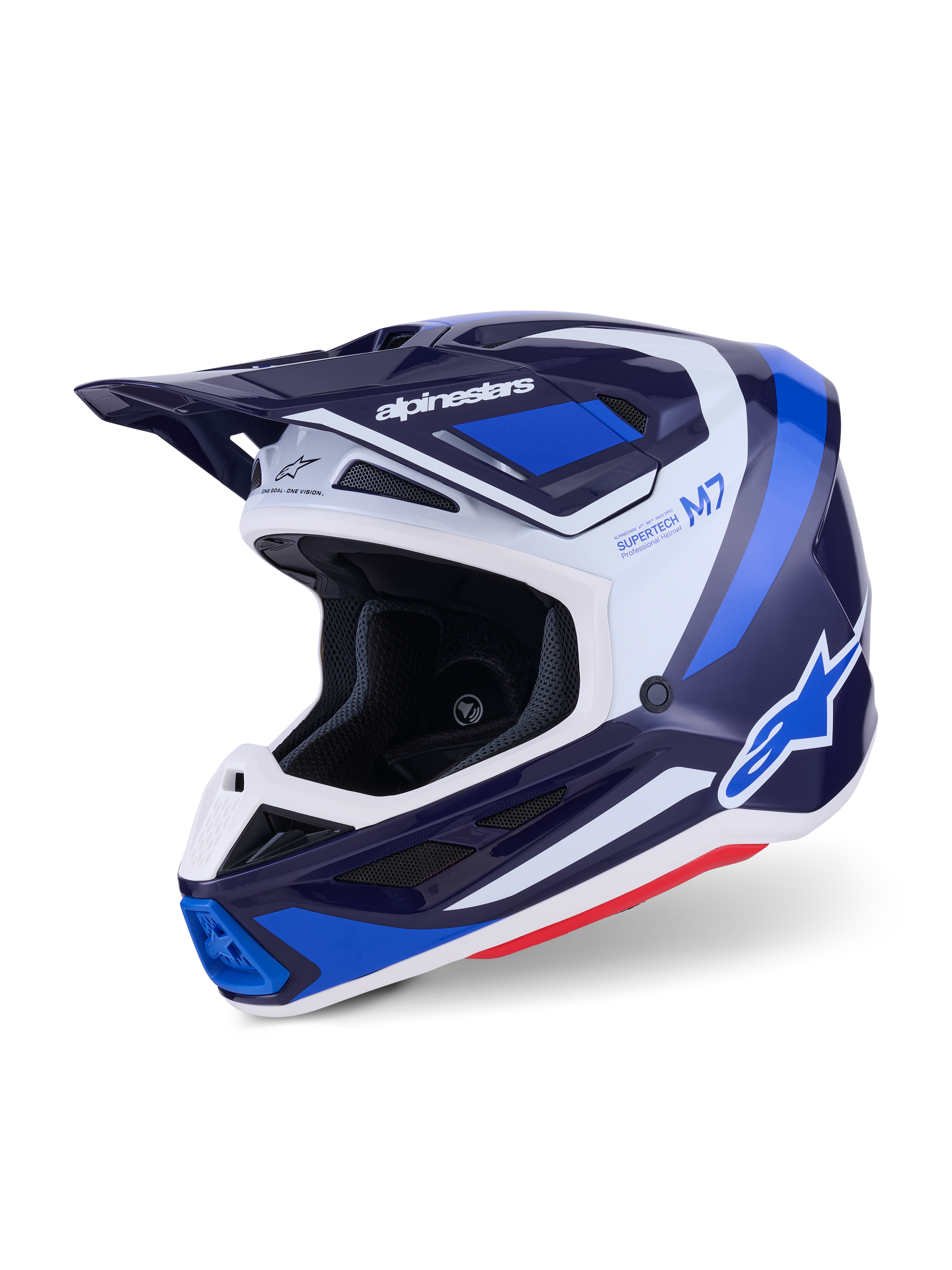 Casco de motocross Alpinestars S-M7 Rise, azul y blanco brillante, vista en tres cuartos que muestra la carcasa aerodinámica con visera integrada y múltiples puertos de ventilación, con detalles gráficos en blanco y azul y logotipos destacados, equipo de carreras todoterreno de alto rendimiento