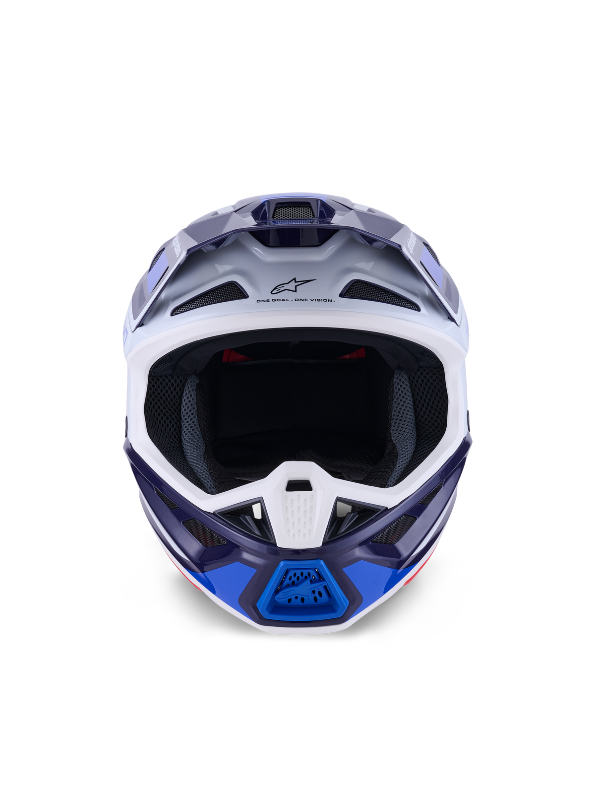 Casco Alpinestars S-M7 Rise, azul y blanco brillante, vista frontal, casco de motocross off-road con múltiples puertos de ventilación, logotipo de Astars en la frente y diseño de carcasa aerodinámica de compuesto