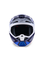Casco Alpinestars S-M7 Rise, azul y blanco brillante, vista frontal, casco de motocross off-road con múltiples puertos de ventilación, logotipo de Astars en la frente y diseño de carcasa aerodinámica de compuesto