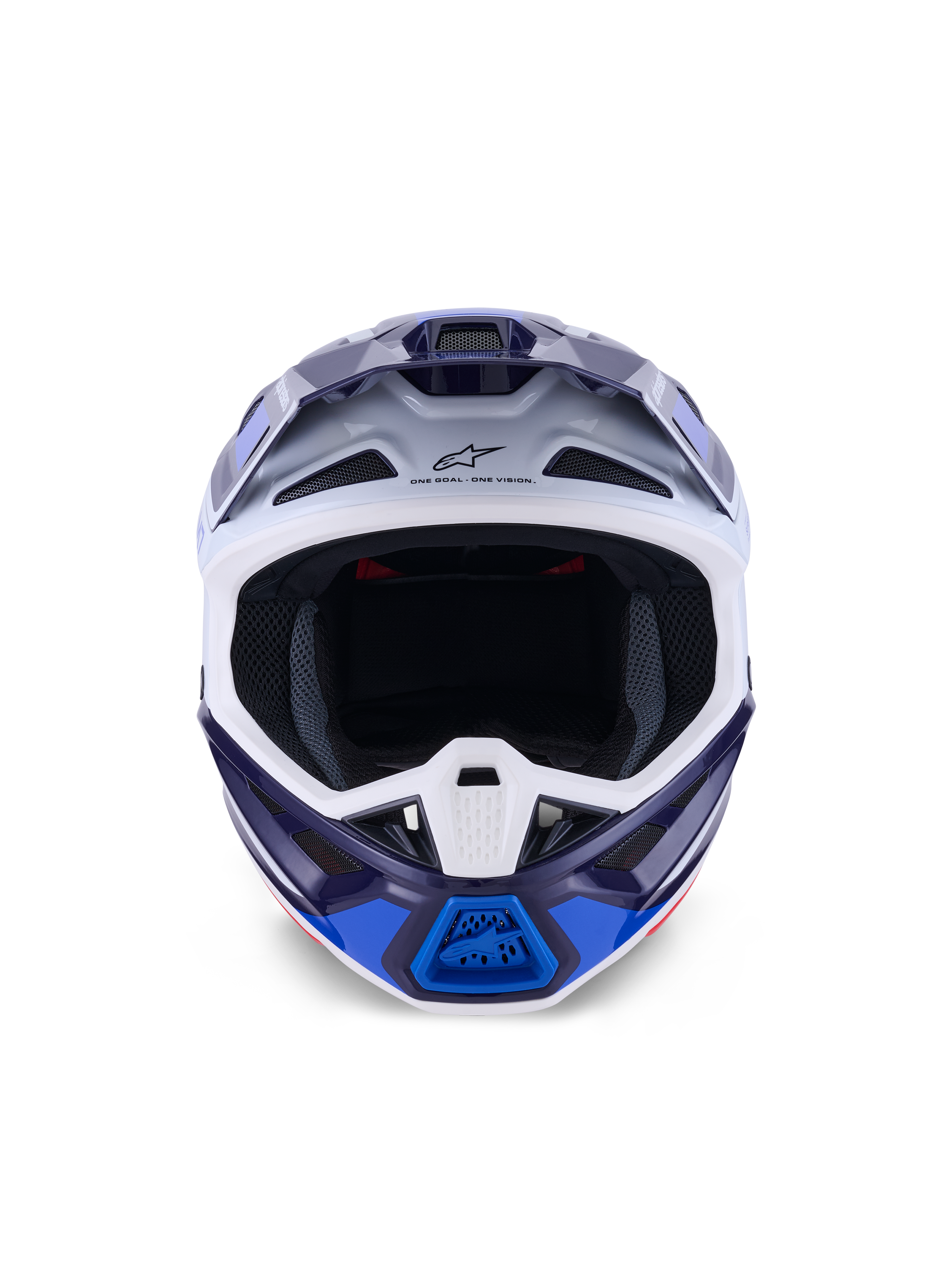 Casco Alpinestars S-M7 Rise, azul y blanco brillante, vista frontal, casco de motocross off-road con múltiples puertos de ventilación, logotipo de Astars en la frente y diseño de carcasa aerodinámica de compuesto