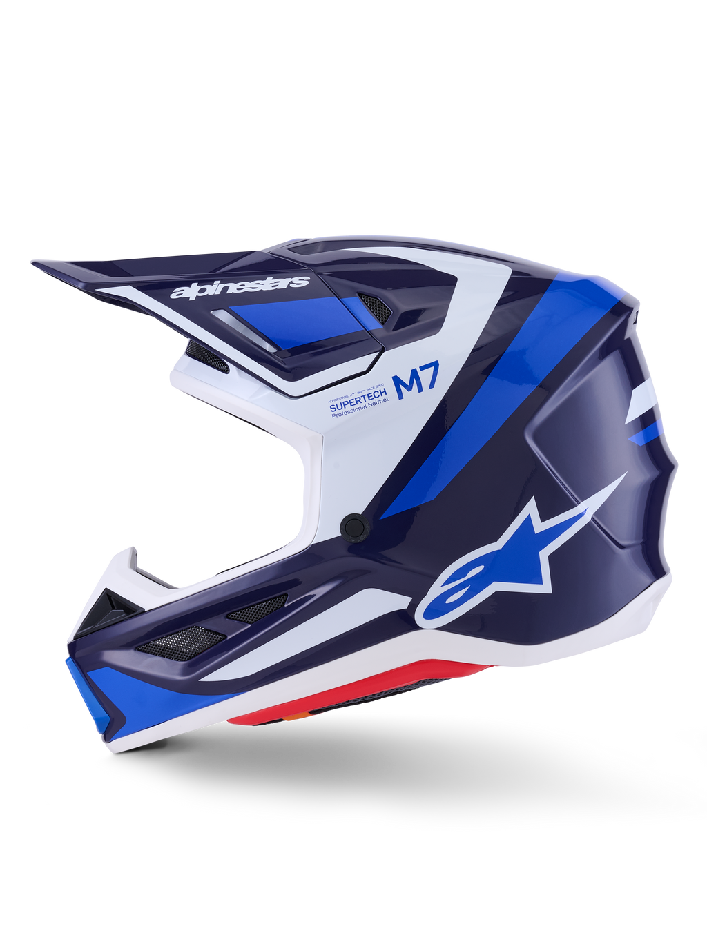 Casco Alpinestars S-M7 Rise, casco de motocross, azul, blanco y azul marino brillante, vista de perfil lateral con la marca Alpinestars en la visera y el lateral, texto M7 y Supertech, calota aerodinámica con puertos de ventilación, acabado brillante para rendimiento off-road.