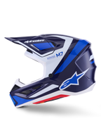 Casco Alpinestars S-M7 Rise, casco de motocross, azul, blanco y azul marino brillante, vista de perfil lateral con la marca Alpinestars en la visera y el lateral, texto M7 y Supertech, calota aerodinámica con puertos de ventilación, acabado brillante para rendimiento off-road.