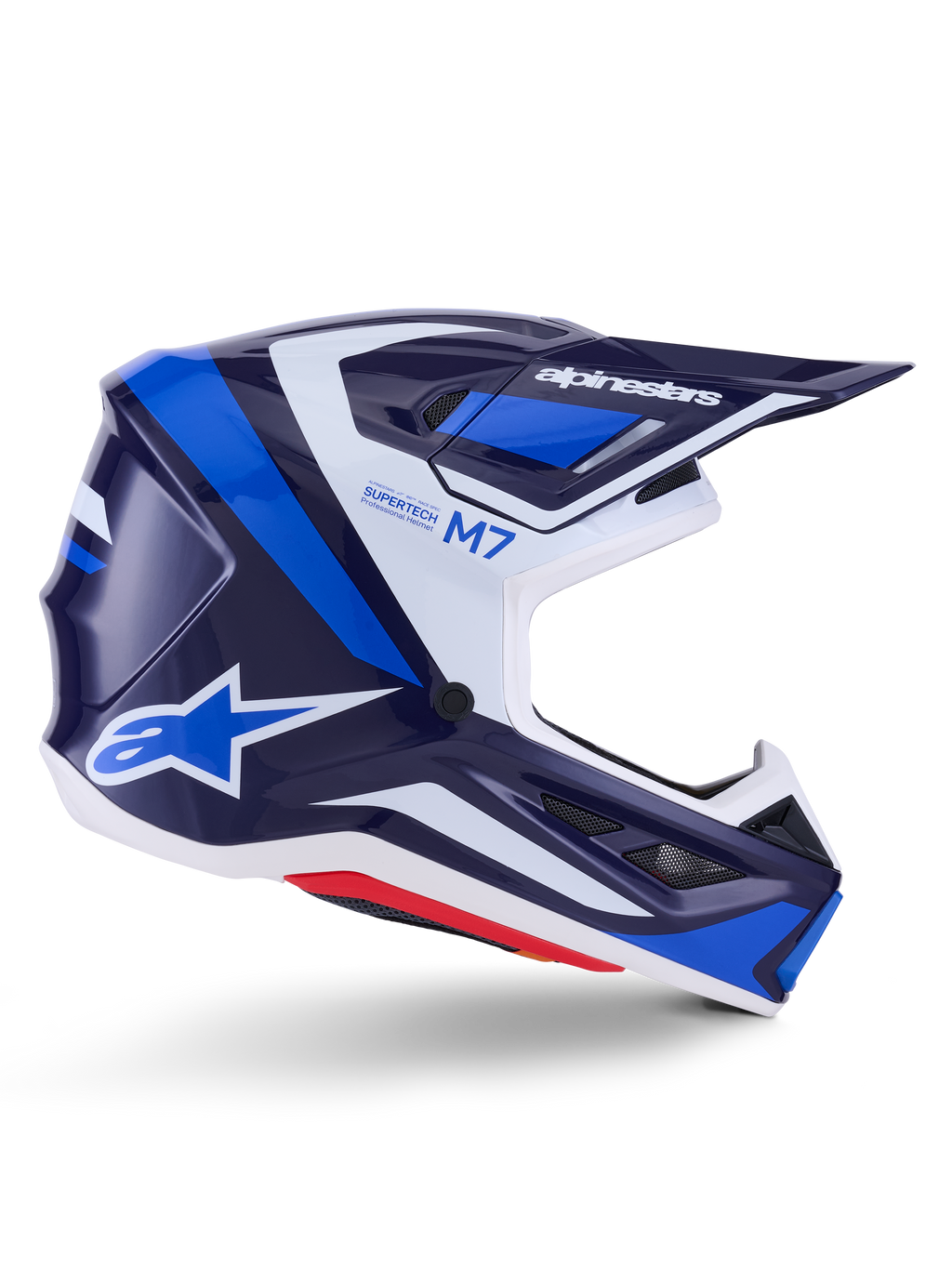Casco Alpinestars S-M7 Rise, casco de carreras de motocross, azul y blanco con acabado brillante, perfil lateral con carcasa de compuesto aerodinámico, visera ventilada y diseño angular con marca distintiva, protección profesional para off-road