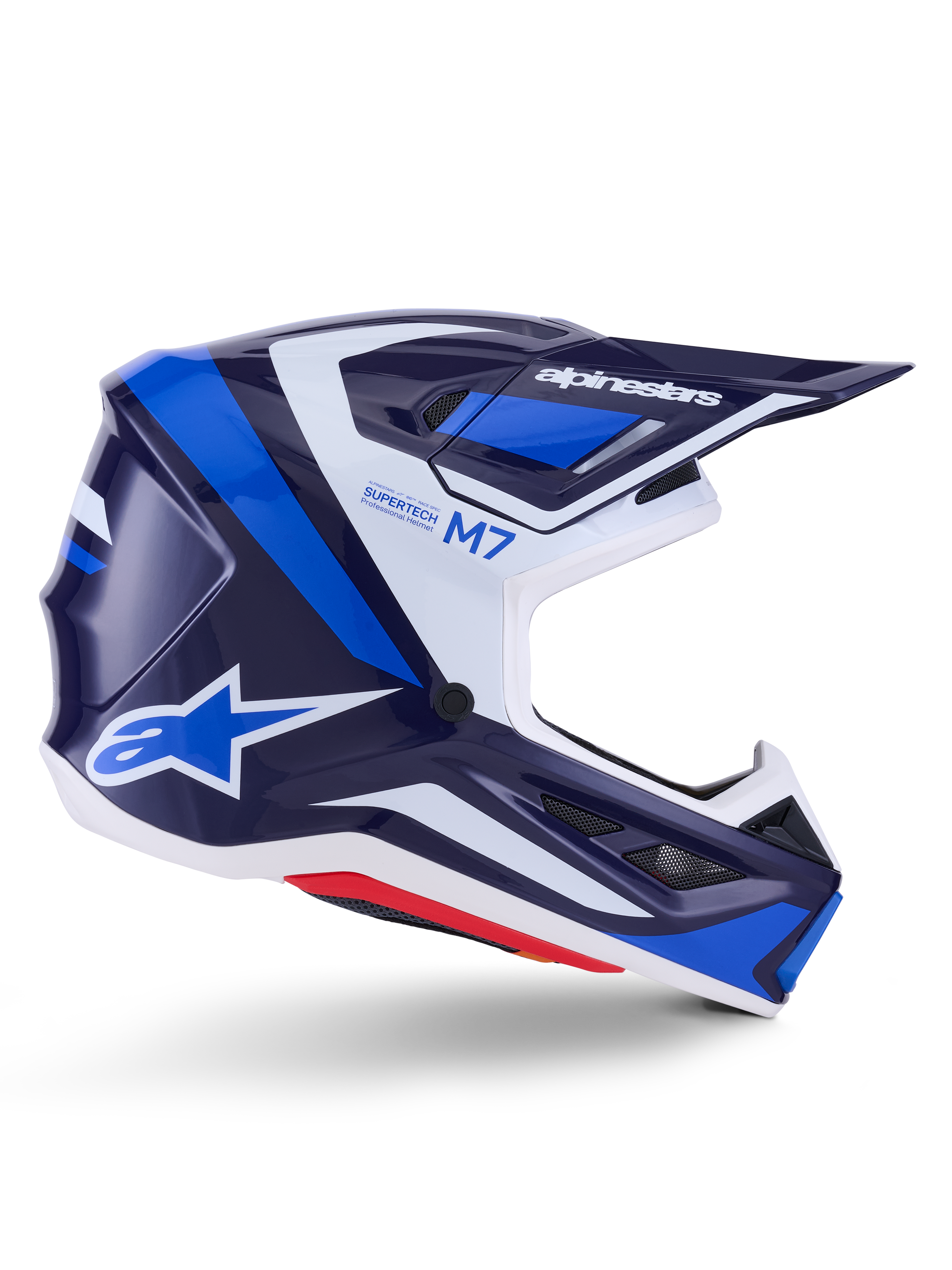 Casco Alpinestars S-M7 Rise, casco de carreras de motocross, azul y blanco con acabado brillante, perfil lateral con carcasa de compuesto aerodinámico, visera ventilada y diseño angular con marca distintiva, protección profesional para off-road