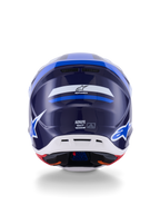 Casco Alpinestars S-M7 Rise, vista trasera, azul y blanco brillante, con el logotipo de Alpinestars y la marca SM7, carcasa de compuesto aerodinámico con sección inferior blanca y puertos de ventilación, protección para la cabeza de motocross de alto rendimiento