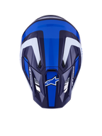 Casco Alpinestars S-M7 Rise, casco de motocross, azul y blanco brillante, vista superior que muestra la calota aerodinámica y los puertos de ventilación, con gráficos angulares en blanco y azul oscuro y logotipos llamativos.