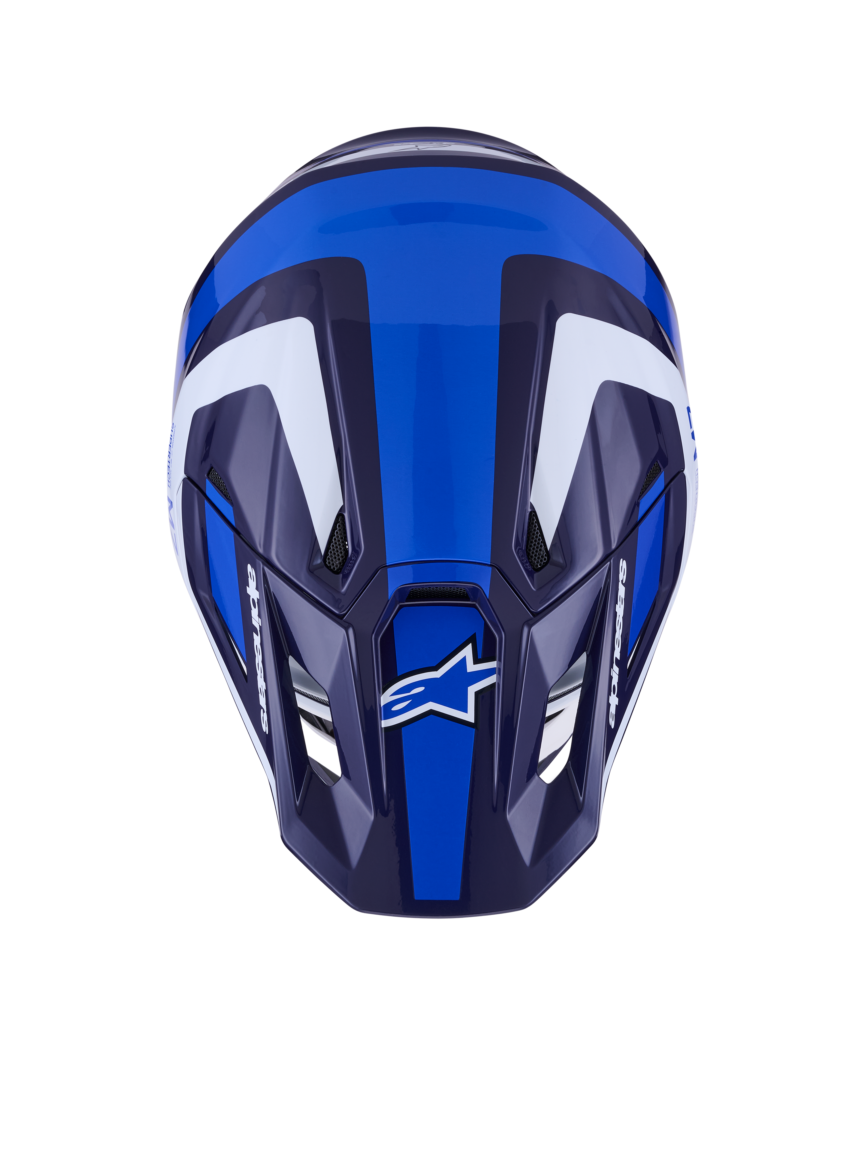 Casco Alpinestars S-M7 Rise, casco de motocross, azul y blanco brillante, vista superior que muestra la calota aerodinámica y los puertos de ventilación, con gráficos angulares en blanco y azul oscuro y logotipos llamativos.
