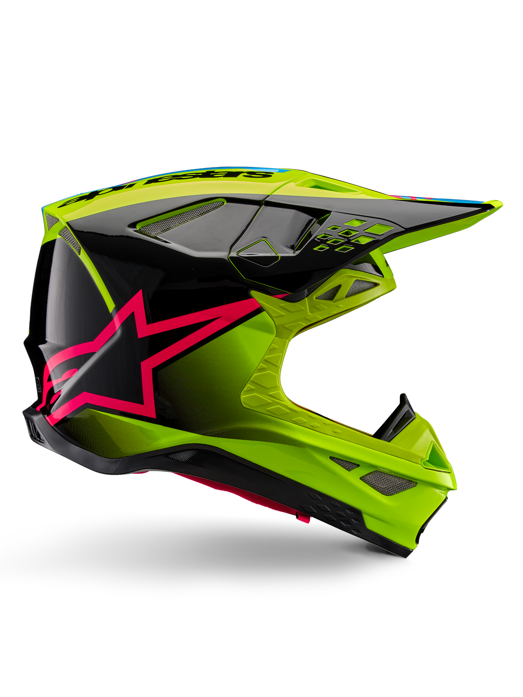 Alpinestars Supertech M10 Unite Helmet, casco de motocross, amarillo flúor y negro con gráficos de estrella en rosa diva, diseño aerodinámico brillante con múltiples puertos de ventilación, certificado ECE 22.06