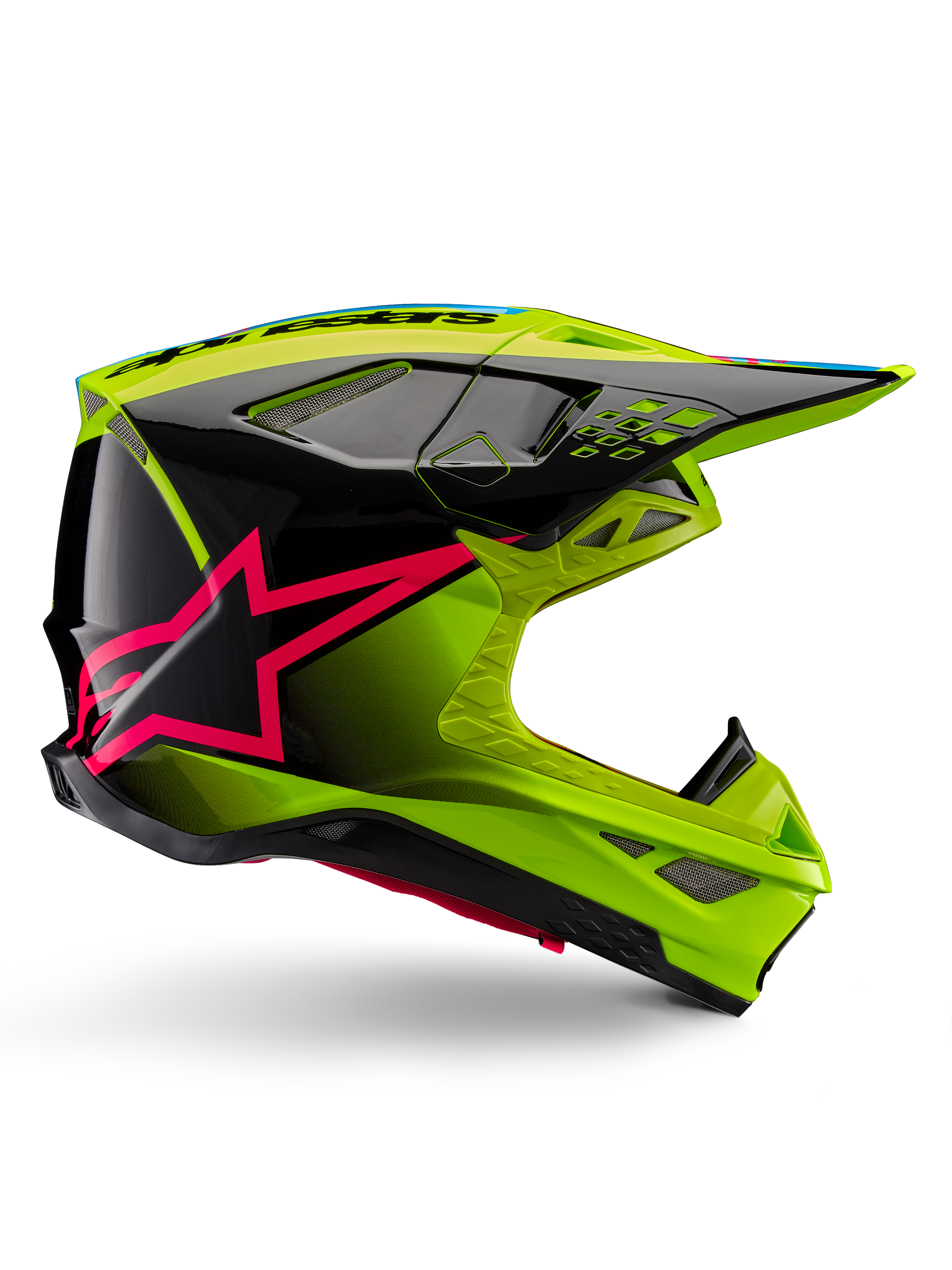 Alpinestars Supertech M10 Unite Helmet, casco de motocross, amarillo flúor y negro con gráficos de estrella en rosa diva, diseño aerodinámico brillante con múltiples puertos de ventilación, certificado ECE 22.06