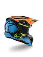 Alpinestars S-M3 Youth Fray Helmet, Motocross Helmet, Black Orange and Blue with Neon Yellow accents, rear three-quarter view showing bold Alpinestars branding and star logo, sleek aerodynamic design for youth off-road racing
