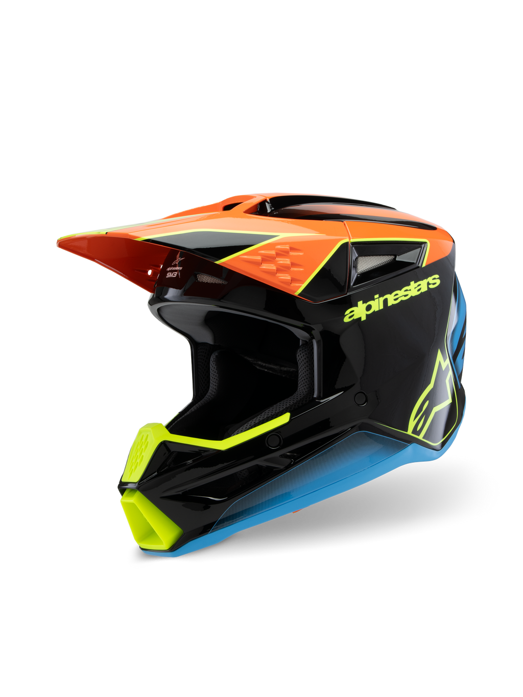 Alpinestars S-M3 Youth Fray Helmet, Motocross Helmet, Black Orange Yellow and Blue, featuring a glossy finish, aerodynamic visor, and bold branding for youth off-road racing