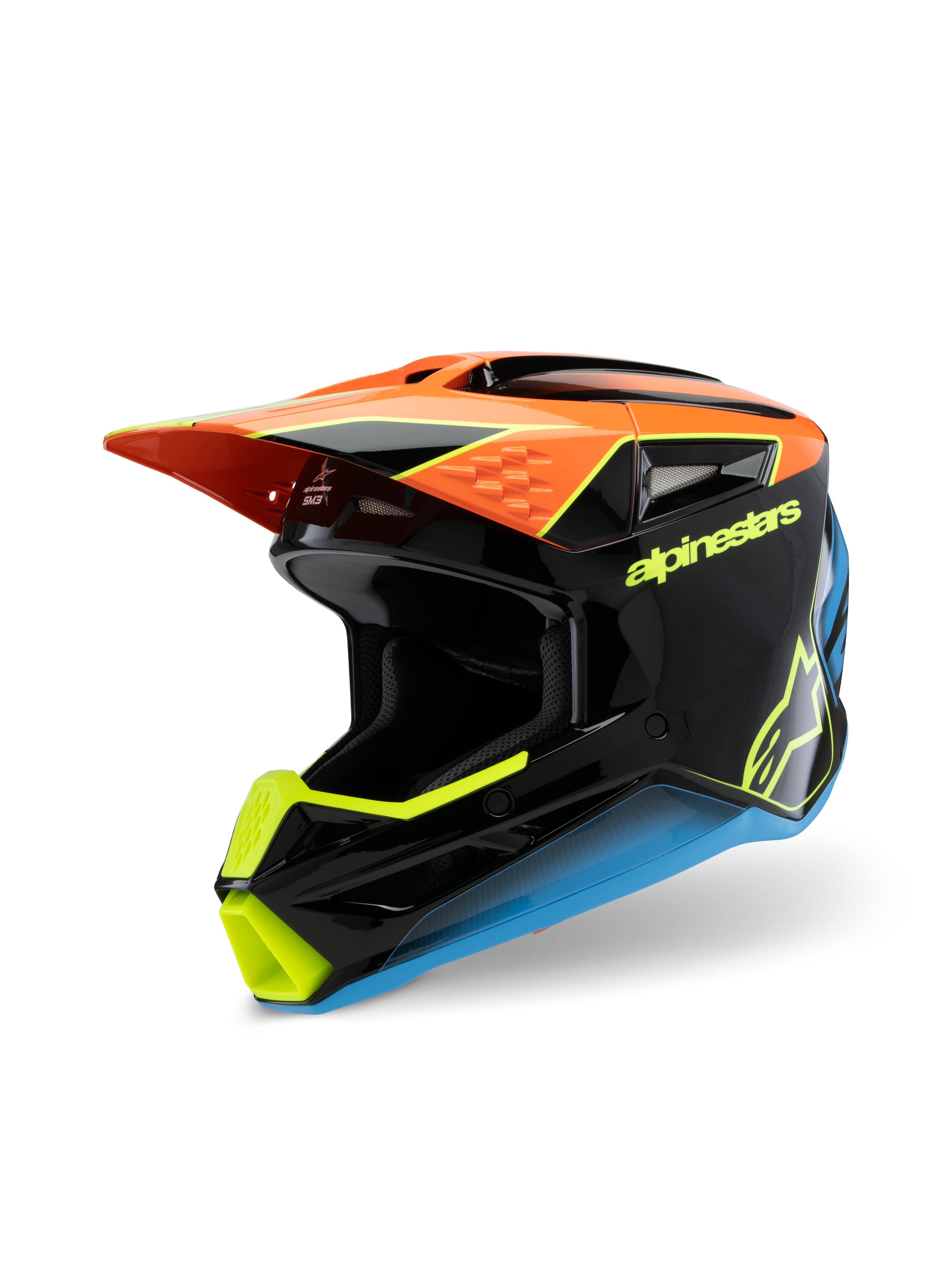 Alpinestars S-M3 Youth Fray Helmet, Motocross Helmet, Black Orange Yellow and Blue, featuring a glossy finish, aerodynamic visor, and bold branding for youth off-road racing