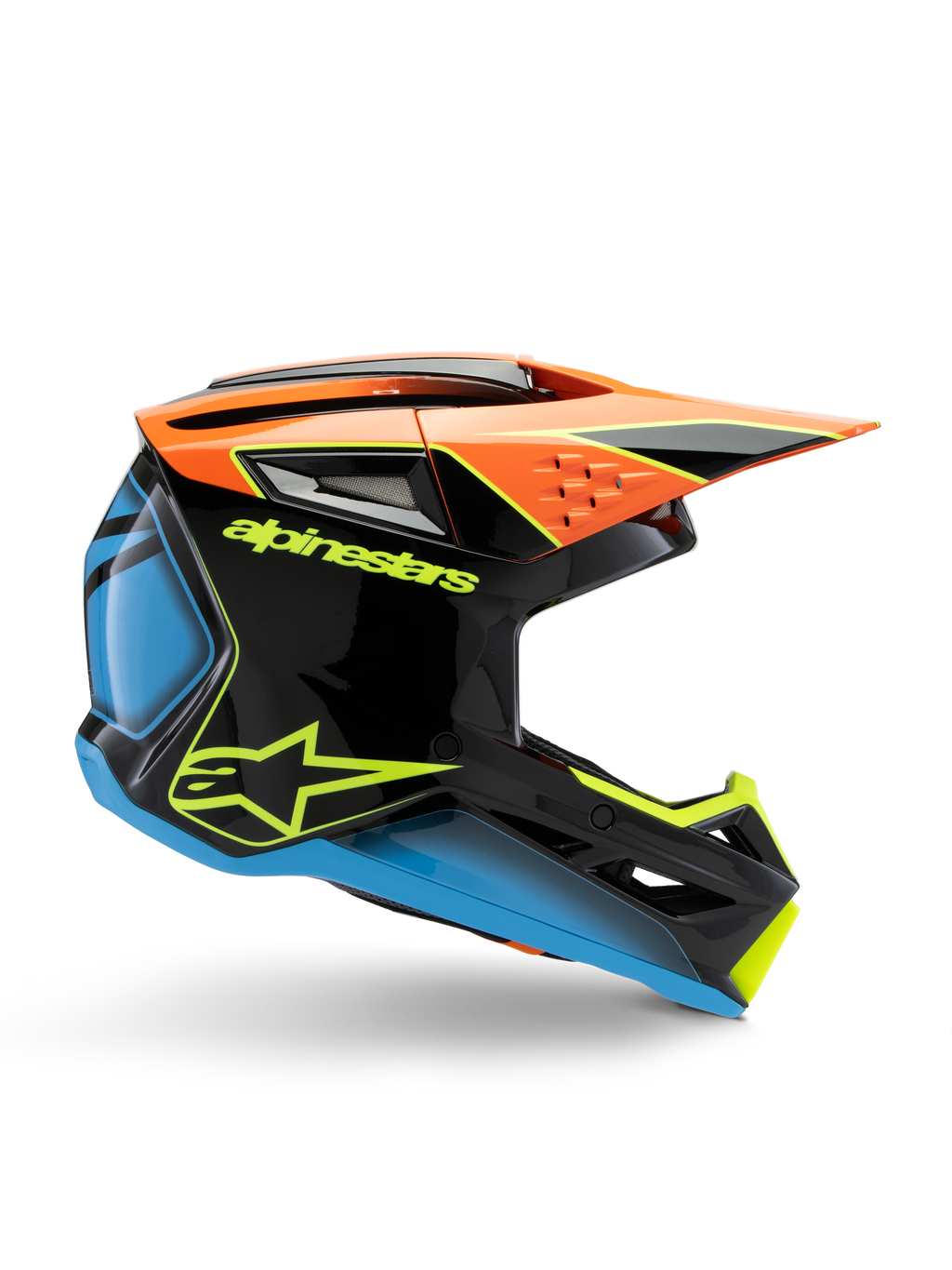 Alpinestars S-M3 Youth Fray Helmet, Motocross Helmet, Black with Orange, Blue, and Fluorescent Yellow accents, side profile view showing aerodynamic design, air vents, and sharp visor, glossy finish with bold yellow branding.