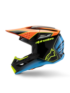 Alpinestars S-M3 Youth Fray Helmet, Motocross Helmet, Black with Orange, Yellow, and Blue accents, side profile view, featuring bold Alpinestars branding, aggressive styling with a large visor and ventilation ports, high-gloss protective gear for young off-road riders