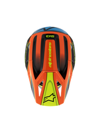 Alpinestars S-M3 Youth Fray Helmet, Top View, Orange Black and Yellow with Blue accents, featuring 'alpinestars' branding and star logo on the visor, sleek aerodynamic design for youth motocross and off-road riding
