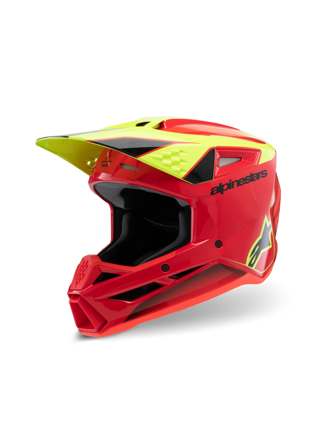 Casco Alpinestars S-M3 Youth Fray, casco de motocross, rojo, amarillo flúor y negro brillante, con un diseño aerodinámico agresivo, visera protectora y múltiples puertos de ventilación para rendimiento todoterreno.