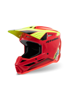 Casco Alpinestars S-M3 Youth Fray, casco de motocross, rojo, amarillo flúor y negro brillante, con un diseño aerodinámico agresivo, visera protectora y múltiples puertos de ventilación para rendimiento todoterreno.