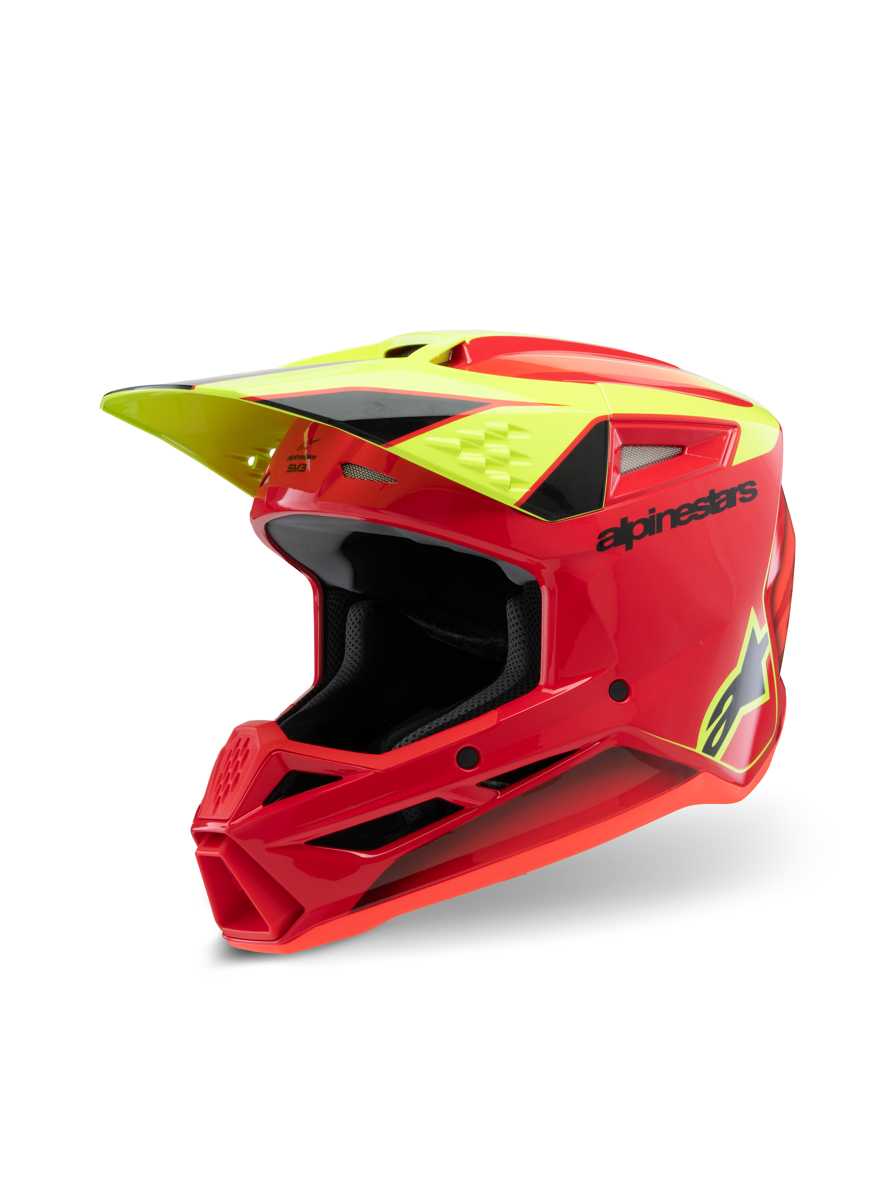 Casco Alpinestars S-M3 Youth Fray, casco de motocross, rojo, amarillo flúor y negro brillante, con un diseño aerodinámico agresivo, visera protectora y múltiples puertos de ventilación para rendimiento todoterreno.