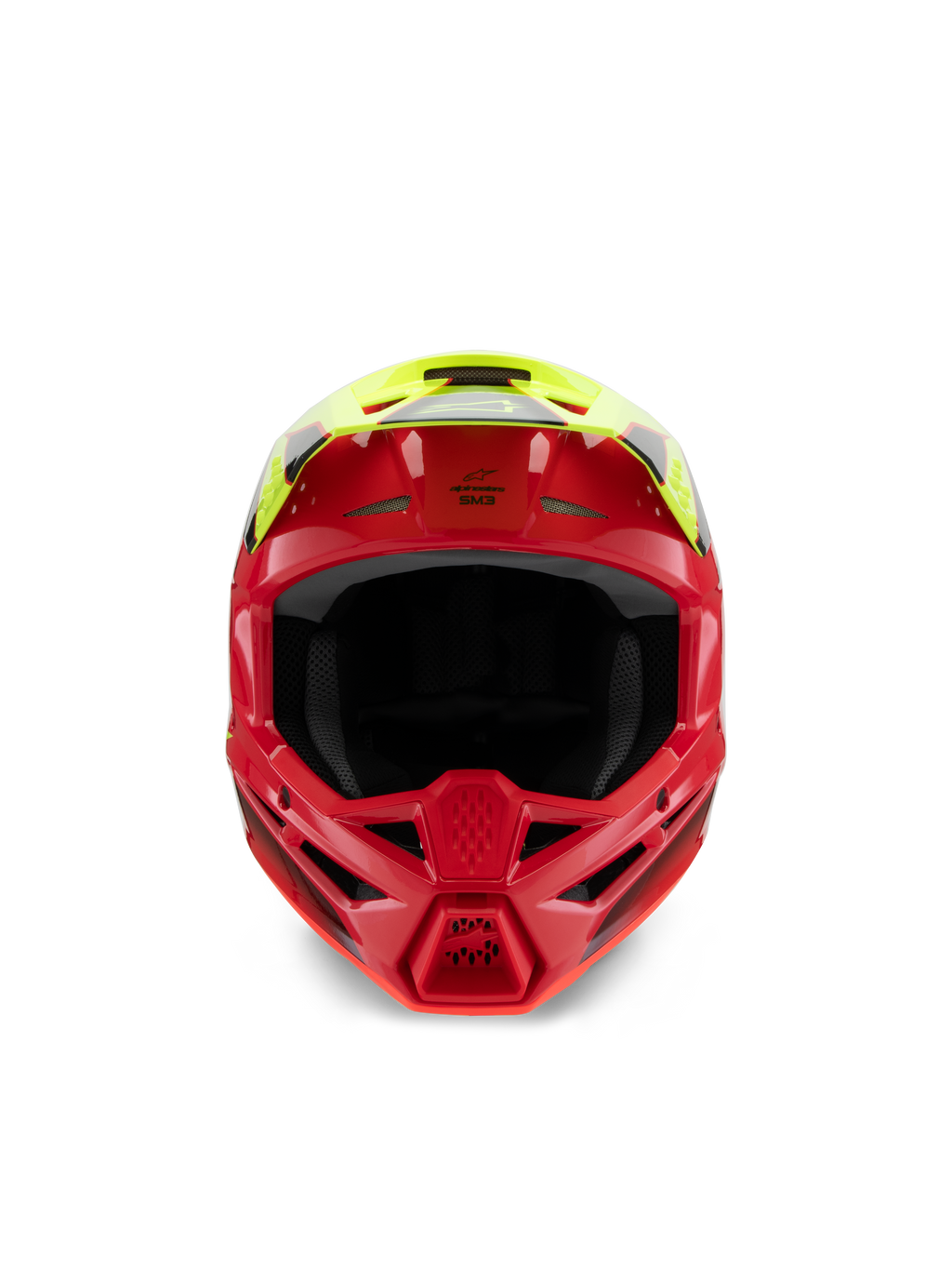 Casco Alpinestars S-M3 Youth Fray, casco de motocross, rojo y amarillo flúor brillante, vista frontal que destaca las entradas de ventilación y la mentonera agresiva, protección de cabeza especializada para off-road para jóvenes pilotos