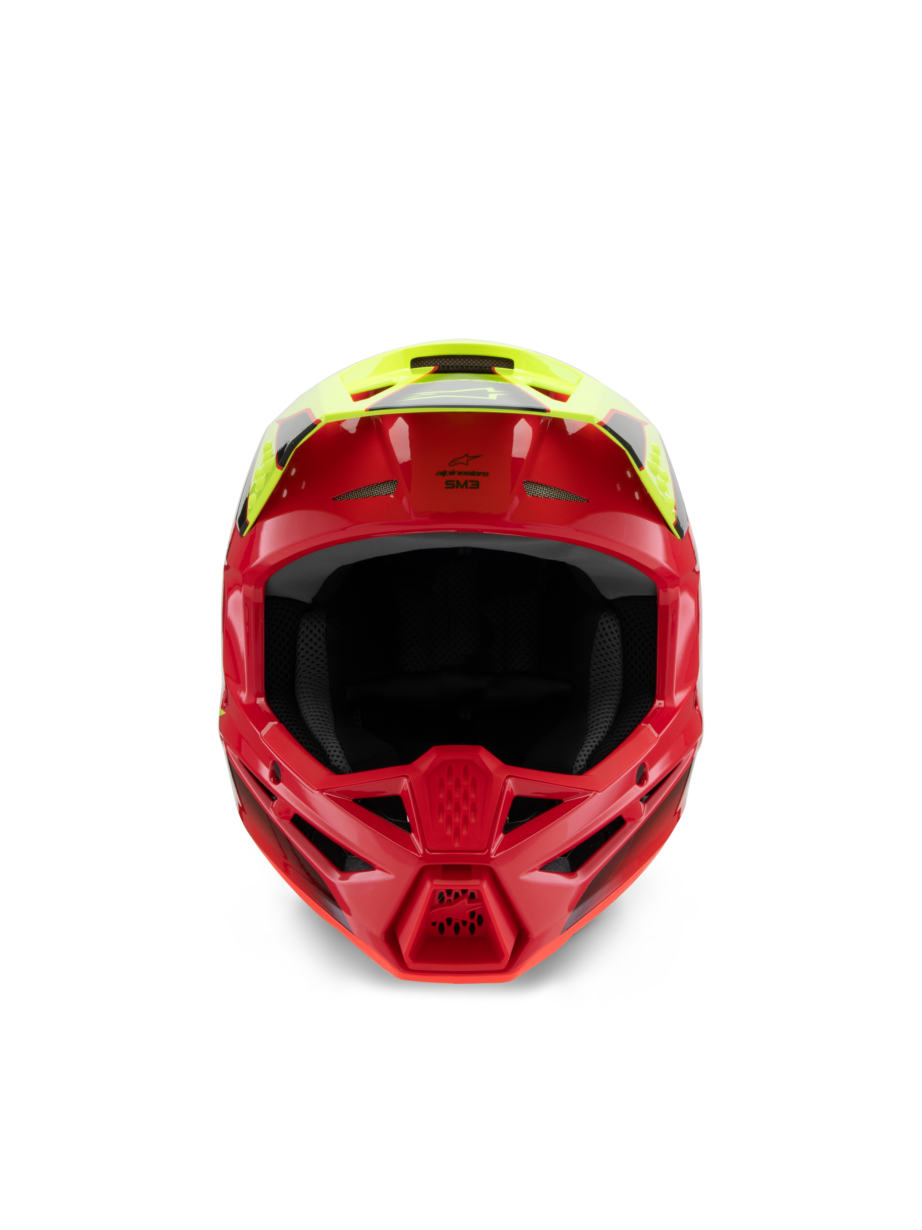 Casco Alpinestars S-M3 Youth Fray, casco de motocross, rojo y amarillo flúor brillante, vista frontal que destaca las entradas de ventilación y la mentonera agresiva, protección de cabeza especializada para off-road para jóvenes pilotos
