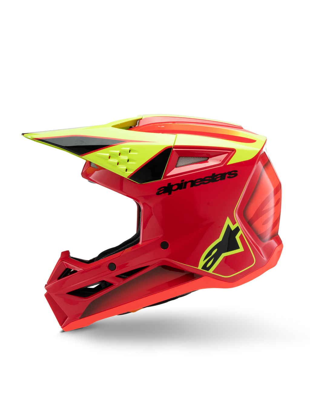 Casco Alpinestars S-M3 Youth Fray, casco de motocross, rojo, amarillo flúor y negro brillante, vista de perfil que muestra la visera aerodinámica, entradas de ventilación y logotipos llamativos, equipo de protección todoterreno juvenil