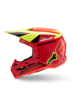 Casco Alpinestars S-M3 Youth Fray, casco de motocross, rojo, amarillo flúor y negro brillante, vista de perfil que muestra la visera aerodinámica, entradas de ventilación y logotipos llamativos, equipo de protección todoterreno juvenil