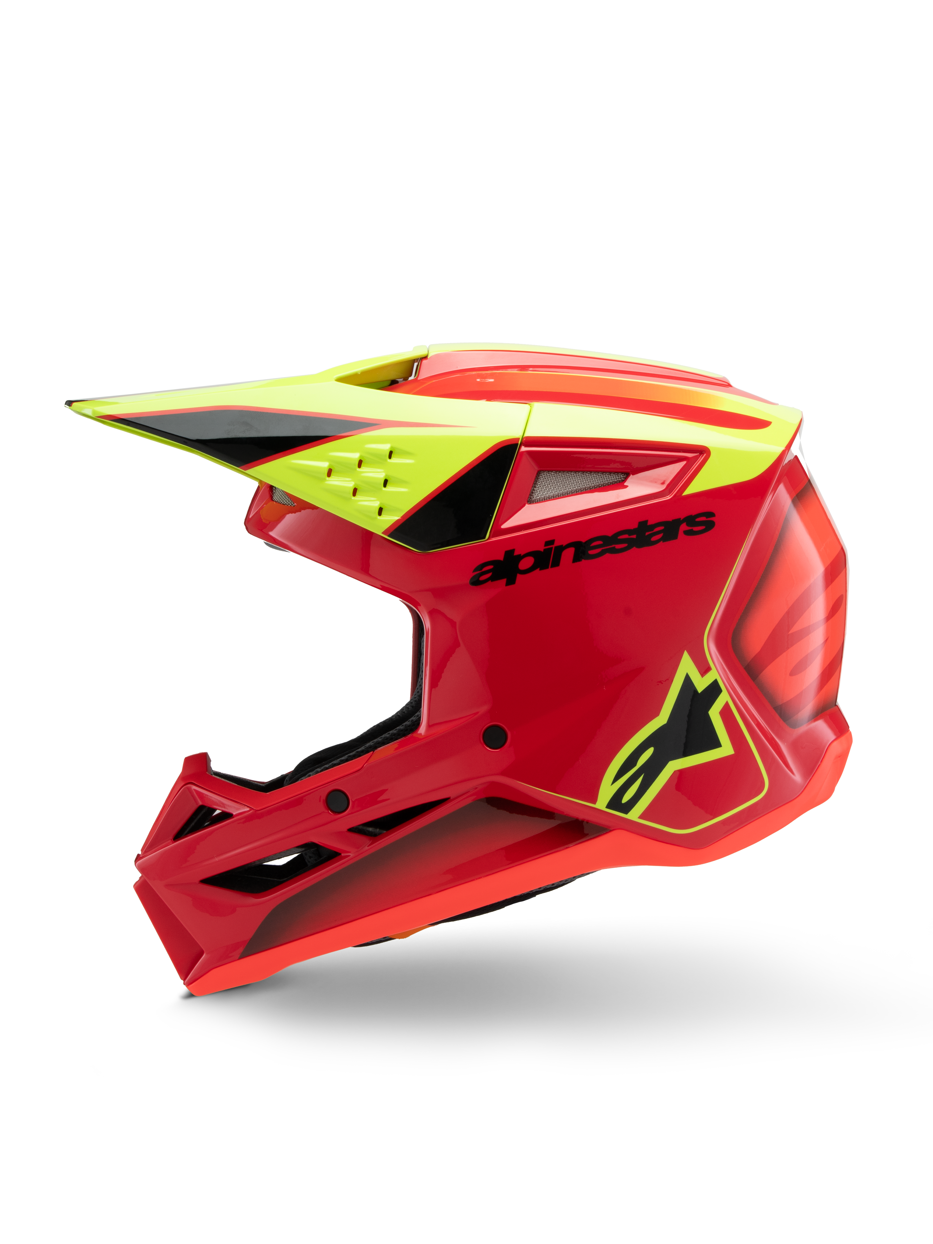 Casco Alpinestars S-M3 Youth Fray, casco de motocross, rojo, amarillo flúor y negro brillante, vista de perfil que muestra la visera aerodinámica, entradas de ventilación y logotipos llamativos, equipo de protección todoterreno juvenil