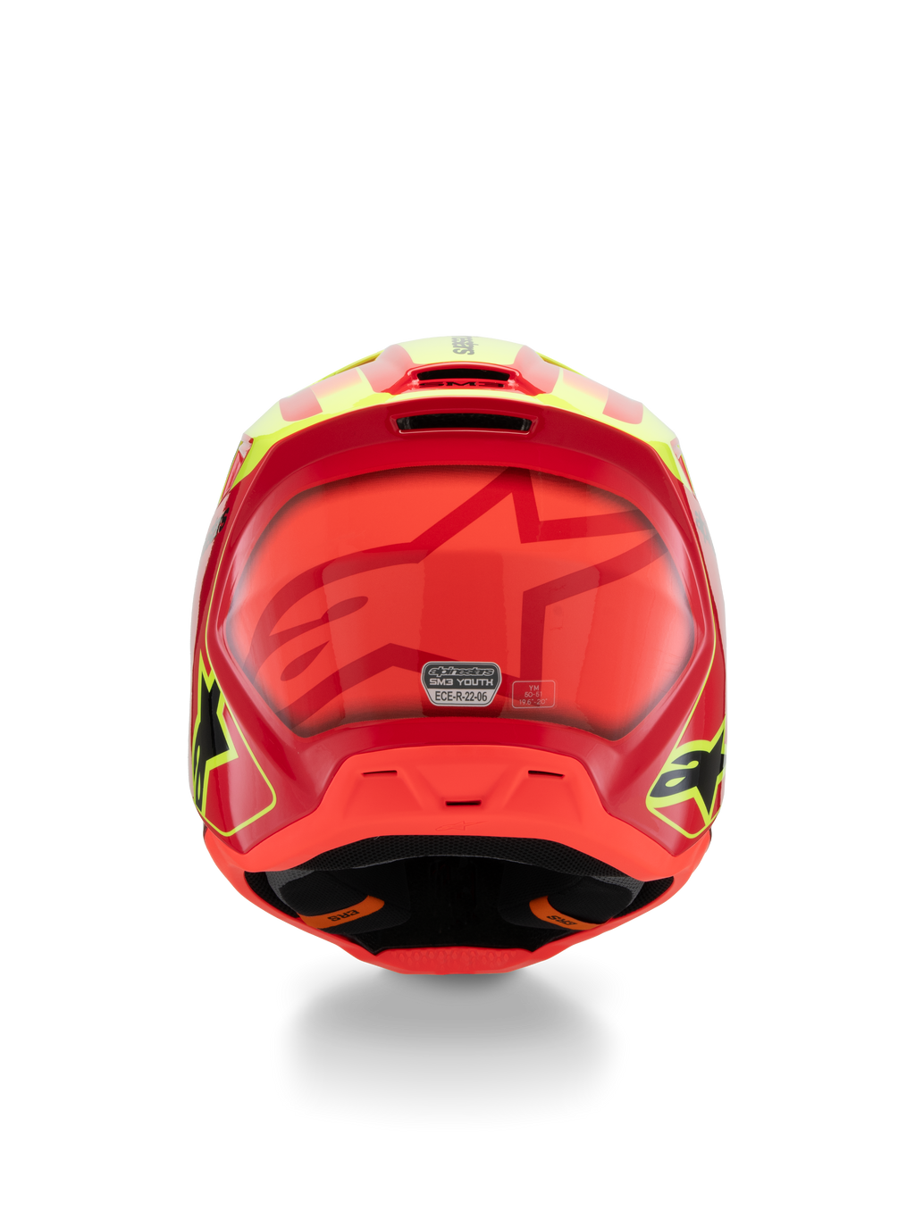 Casco Alpinestars S-M3 Youth Fray, casco de motocross, rojo, amarillo flúor y negro brillante, vista trasera con un gran logotipo de estrella tonal, la pegatina de certificación ECE 22.06 y un diseño de calota aerodinámica con logotipos laterales.