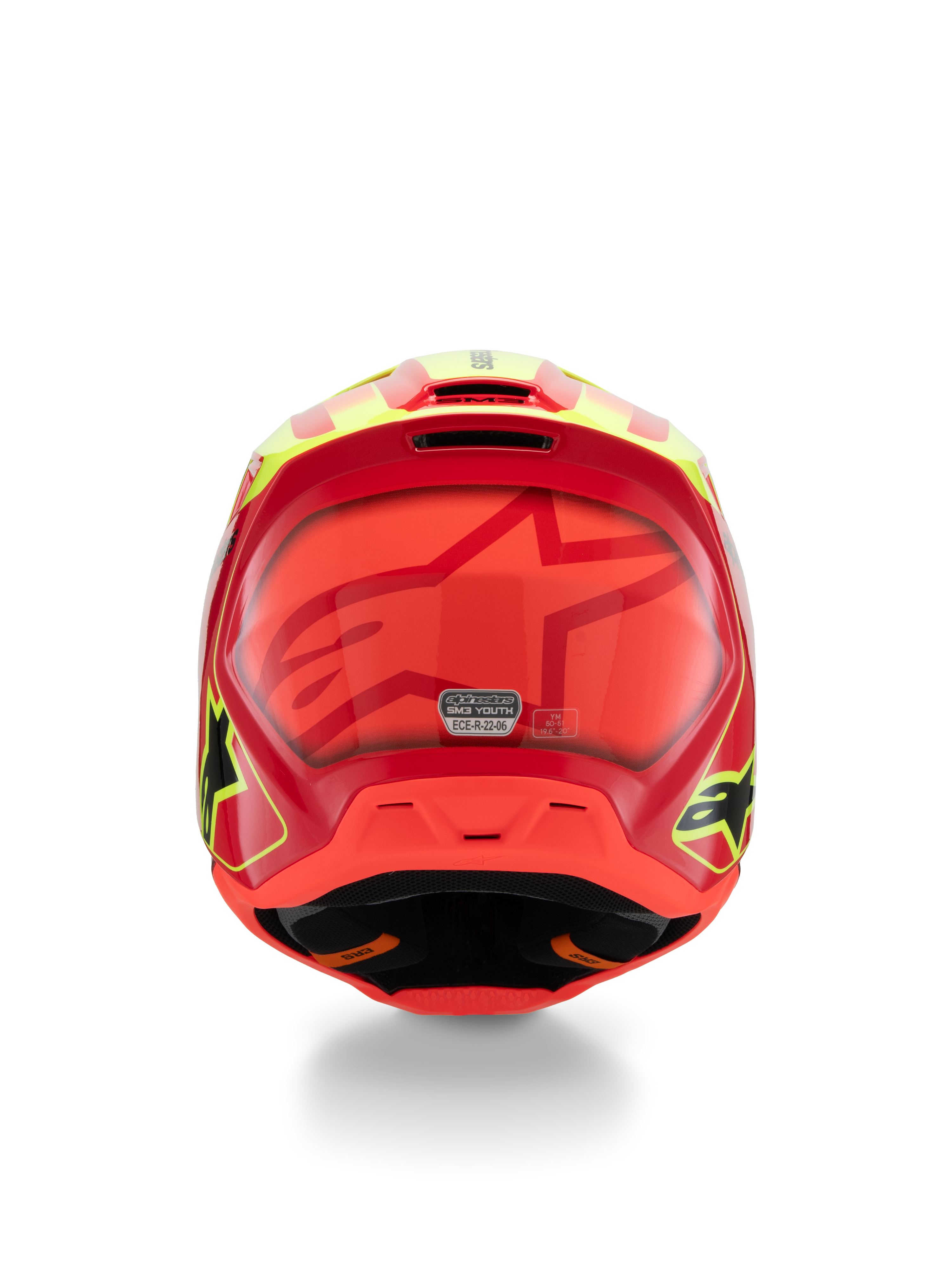 Casco Alpinestars S-M3 Youth Fray, casco de motocross, rojo, amarillo flúor y negro brillante, vista trasera con un gran logotipo de estrella tonal, la pegatina de certificación ECE 22.06 y un diseño de calota aerodinámica con logotipos laterales.
