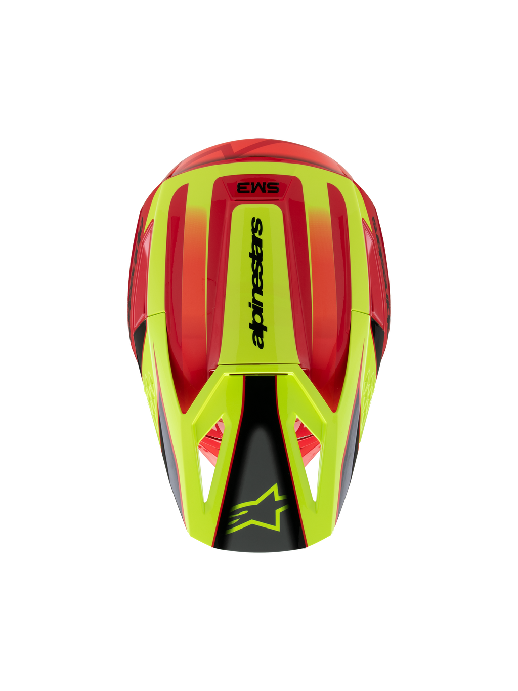 Casco Alpinestars S-M3 Youth Fray, casco de motocross, rojo y amarillo fluorescente con acabado negro brillante, vista superior que muestra la calota aerodinámica y el logotipo de Alpinestars en la visera