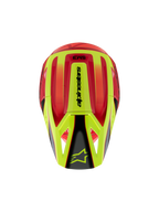 Casco Alpinestars S-M3 Youth Fray, casco de motocross, rojo y amarillo fluorescente con acabado negro brillante, vista superior que muestra la calota aerodinámica y el logotipo de Alpinestars en la visera