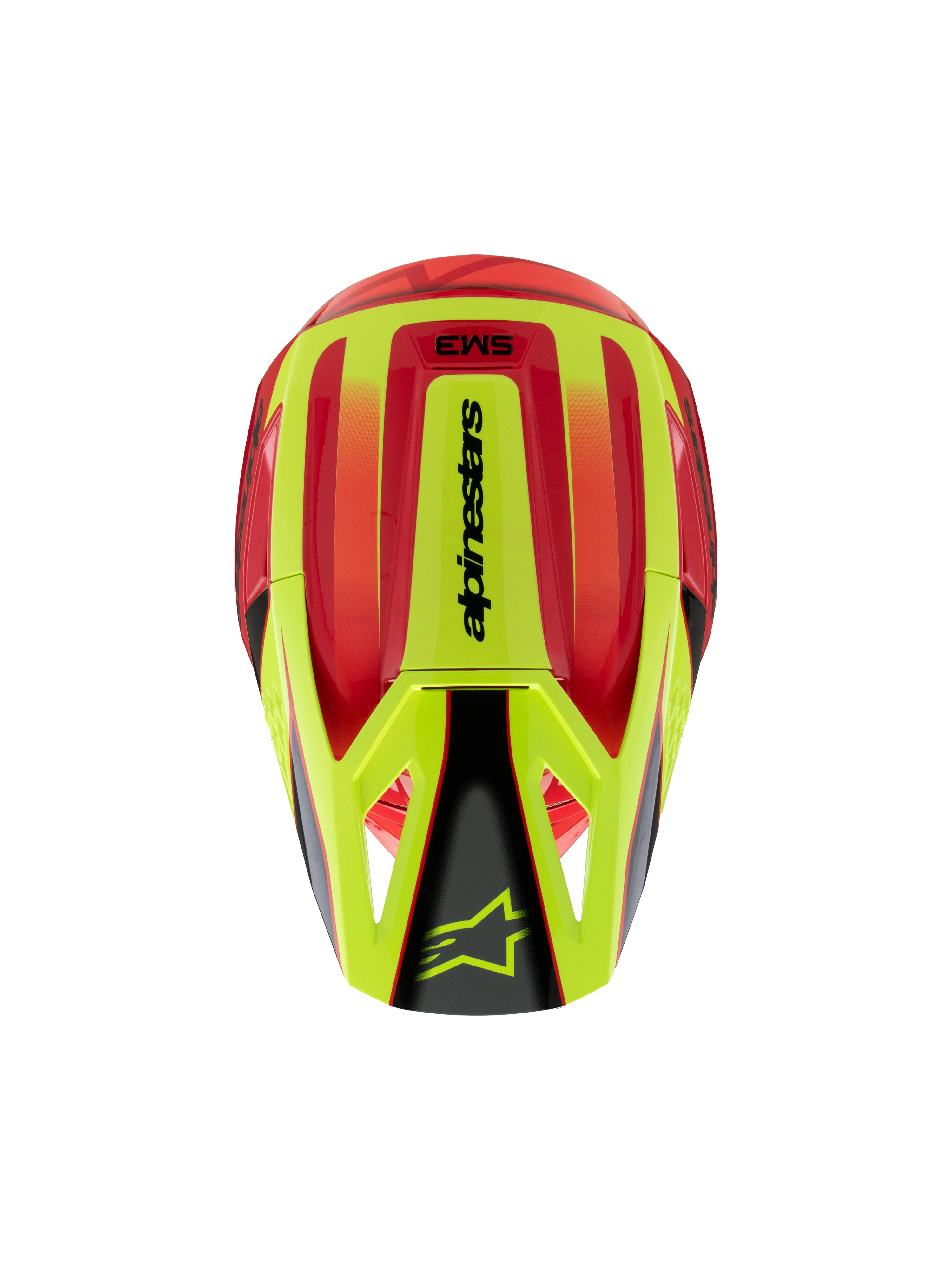 Casco Alpinestars S-M3 Youth Fray, casco de motocross, rojo y amarillo fluorescente con acabado negro brillante, vista superior que muestra la calota aerodinámica y el logotipo de Alpinestars en la visera