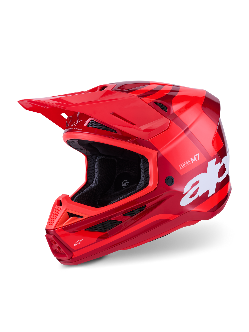 Casco Alpinestars S-M7 Core, casco de motocross, rojo brillante, gráficos en varios tonos de rojo con logotipo blanco grande, carcasa compuesta aerodinámica con múltiples puertos de ventilación y visera ajustable, equipo profesional de carreras off-road