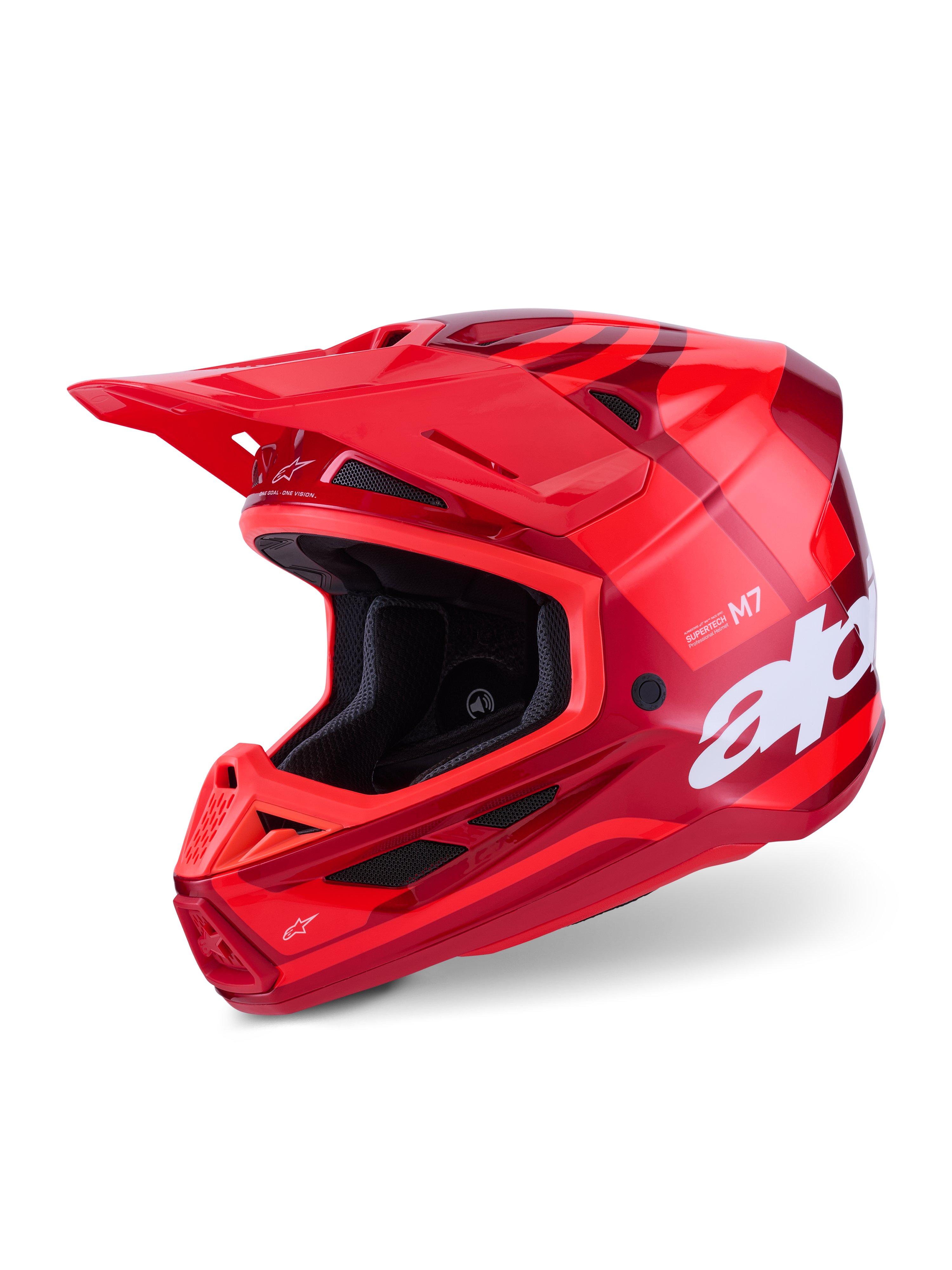 Casco Alpinestars S-M7 Core, casco de motocross, rojo brillante, gráficos en varios tonos de rojo con logotipo blanco grande, carcasa compuesta aerodinámica con múltiples puertos de ventilación y visera ajustable, equipo profesional de carreras off-road